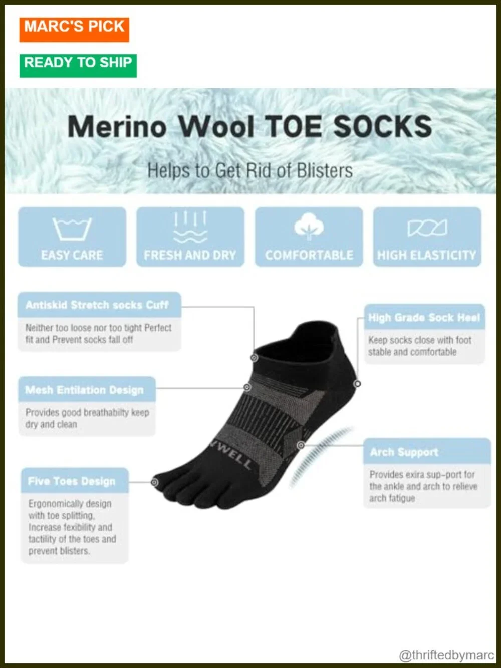 Merino Wool Toe Socks for Running Athletic Moisture Wicking 3 Pairs
